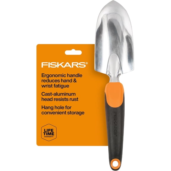 Fiskars Trowel, Heavy Duty Gardening Hand Tool with Hang Hole, For Digging and Planting, Rust Resistant Cast Aluminum, Ergonomic Handle and Comfort Grip, Gardening Tools for Yard