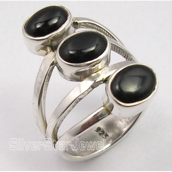 925 Pure Silver Amazing Black Onyx 3 Cabochon Gemstone Big Face Ring Size 5