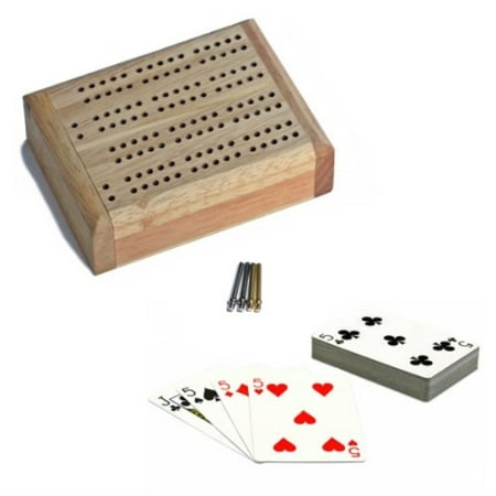 we games mini travel cribbage set - solid wood 2 track board with swivel top and storage for cards and metal