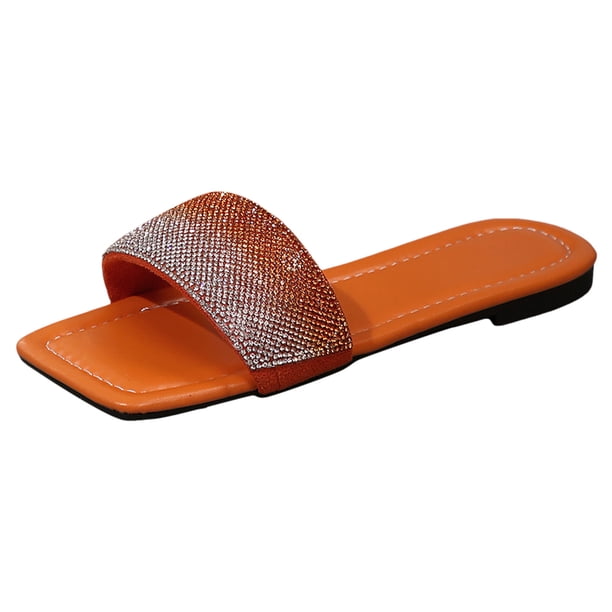 Bmisegm Women Sandals New Pattern Bright Diamond Decoration Fashion Open Toe Breathable Square Toe Comfortable Flat Bottom Summer Beach Non Slip Casual Shoes Sandals Women Summer Orange 7