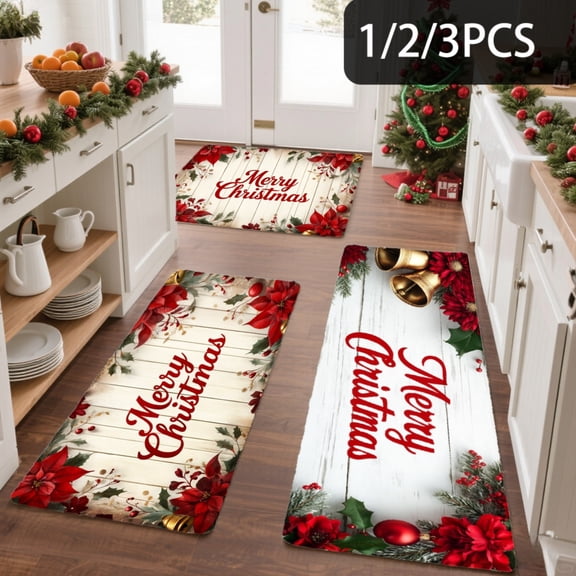 3PCS Kitchen Mat set, Welcome Door Flannel Rug,Home Decor for Front Door,Kitchen, Bathroom, Merry Christmas Red Poinsettia Snowflake Pattern ,Great Thanksgiving Day