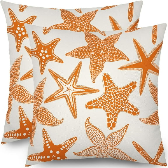 Orange Starfish Pillow Covers 20x20 Set of 2 Summer Ocean Beach Coastal Outdoor Decorative Throw Pillows Beachy Nautical Pillowcases Linen Cushion Case Decor for Home Sofa Couch Bed