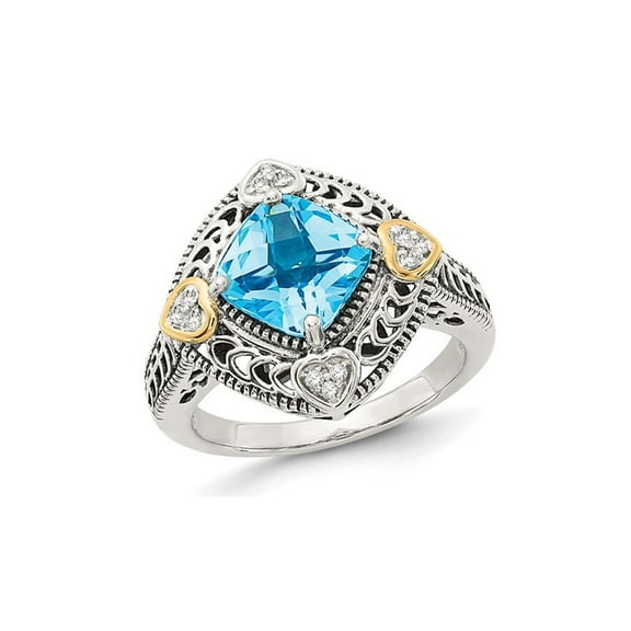 2.70 Carat (Ctw) Blue Topaz Ring in Antiqued Sterling Silver with 14K Gold Accent Hearts for Women