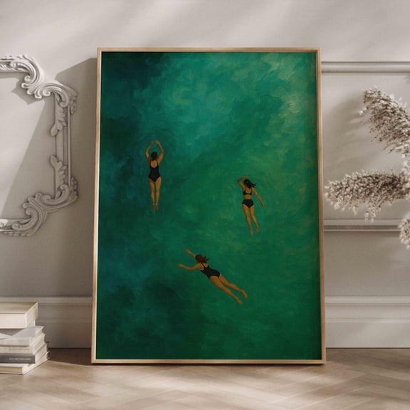 Miluva Emerald Green Abstract Art Print: Three Girls Swimming, Minimalist Wall Decor Decor For Living Room Bedroom, 8x12 UNFRAMED