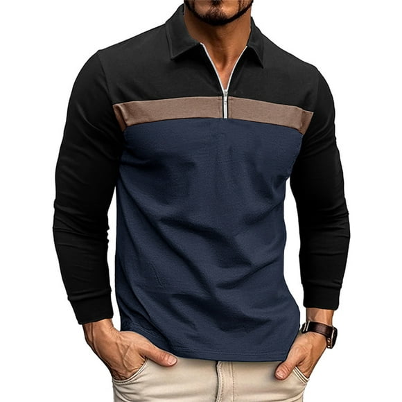 Avamo Mens Tops Colorblock Polo Shirt Long Sleeve Blouse Casual T Shirts Sports Tee Royal Blue M