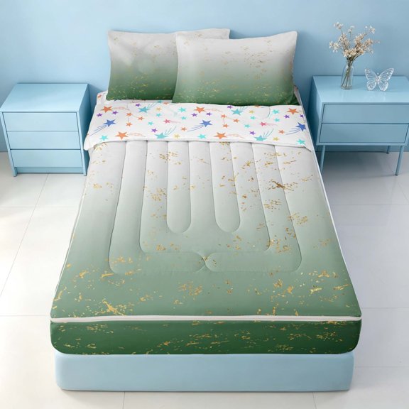 Homewish Green White Zipper Twin Comforter Sets with Fitted Sheet and 2 Pillowcases, Abstract Gradient Ombre Zipper Bedding Set