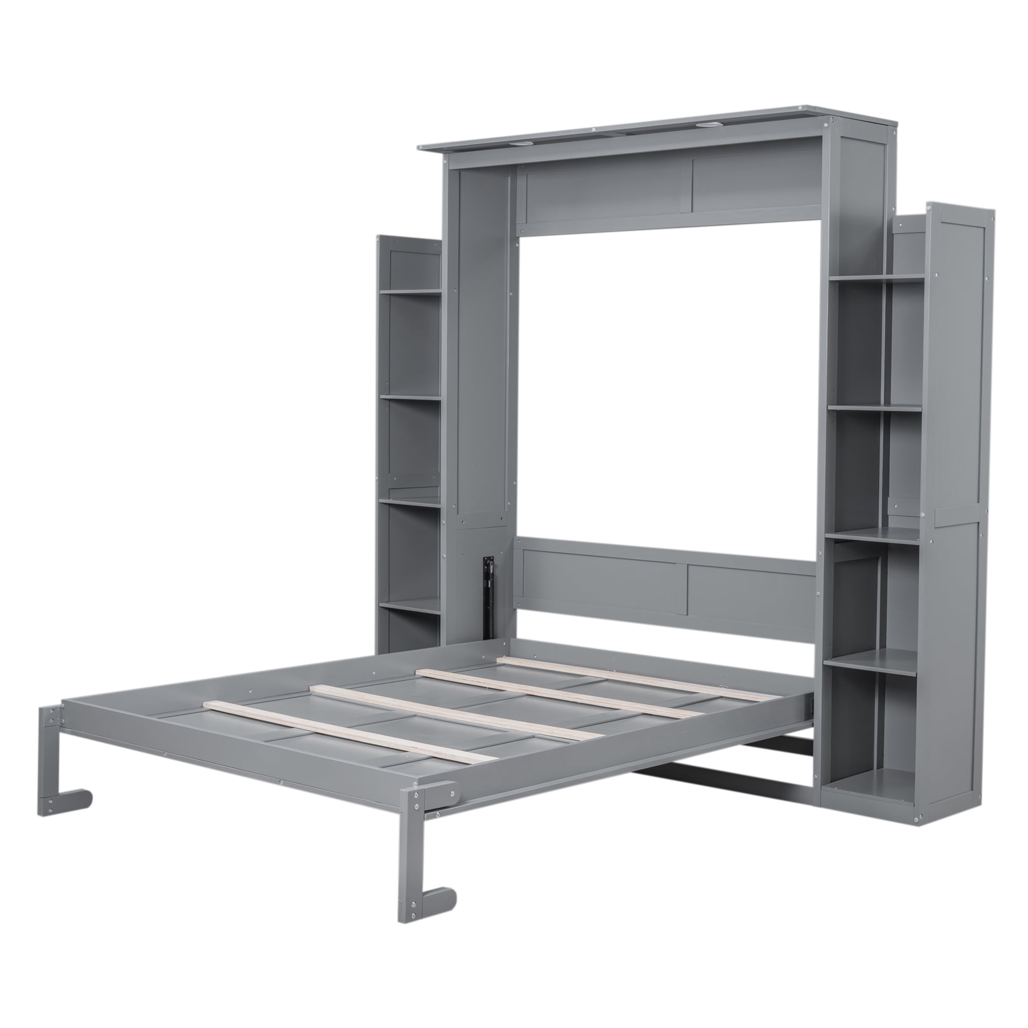 Mintazer Queen Size Murphy Bed with Side Bookcases & LED Lights, Folding Wall Cabinet Bed with Storage for Guest Room Home Office Apartment, Grey