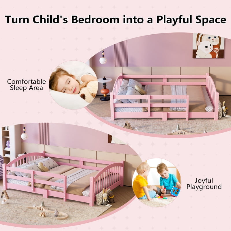 Mirightone Wood Full Floor Bed with Safety Guardrails, Full Montessori Bed Frame with Slats, No Box Spring Needed - Pink