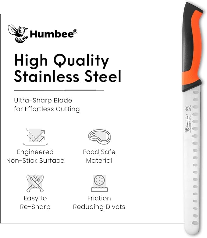 Humbee Chef Carving Knife 10-Inch with Granton Edge for Turkey Ham Meat Slicing and cutting NSF Certified DT-21 Series, Purple