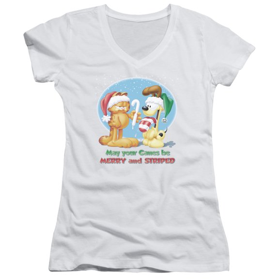 Garfield Merry And Striped Junior Women's V-Neck T-Shirt White