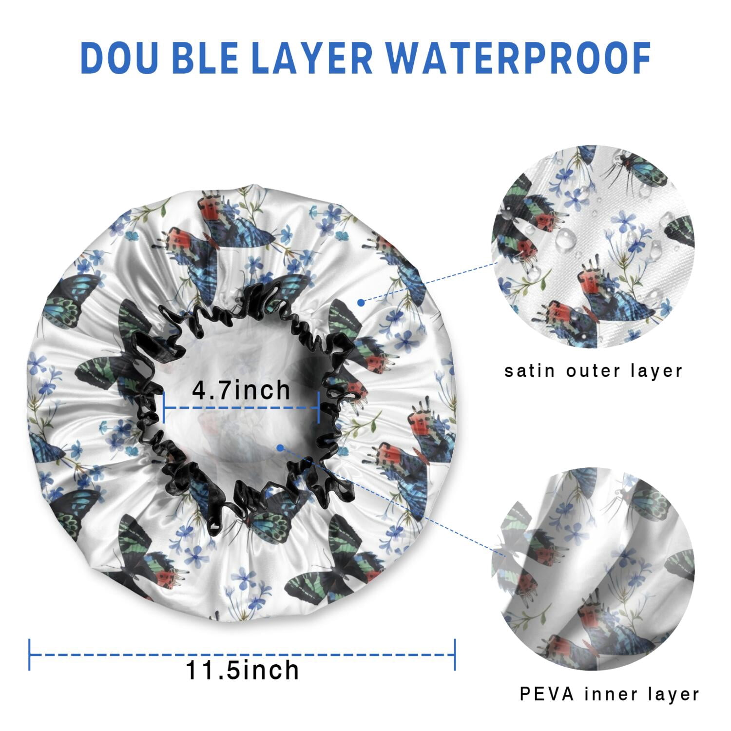 Shower Caps,White Butterfly Blue Flower Pattern Waterproof Shower Cap for Women 4 Pieces,Double Reusable Hair Cover for Shower PEVA Elastic Stretch Hem