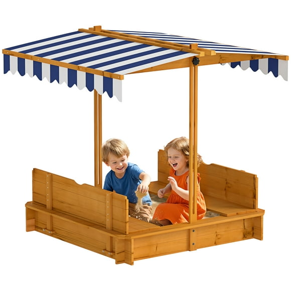 Outsunny Covered Sandbox with Lid & Adjustable Canopy for Kids, Red