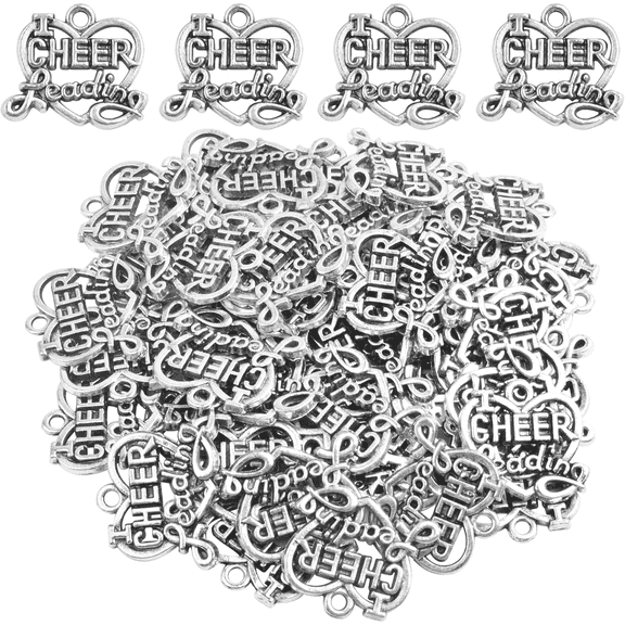 50pcs Antique Silver Heart Shape Cheerleading Charms Tibetan Alloy I Love Cheer Leading Pendants Craft Supplies for DIY Necklace Bracelet Jewelry Making Cheerleader Gifts