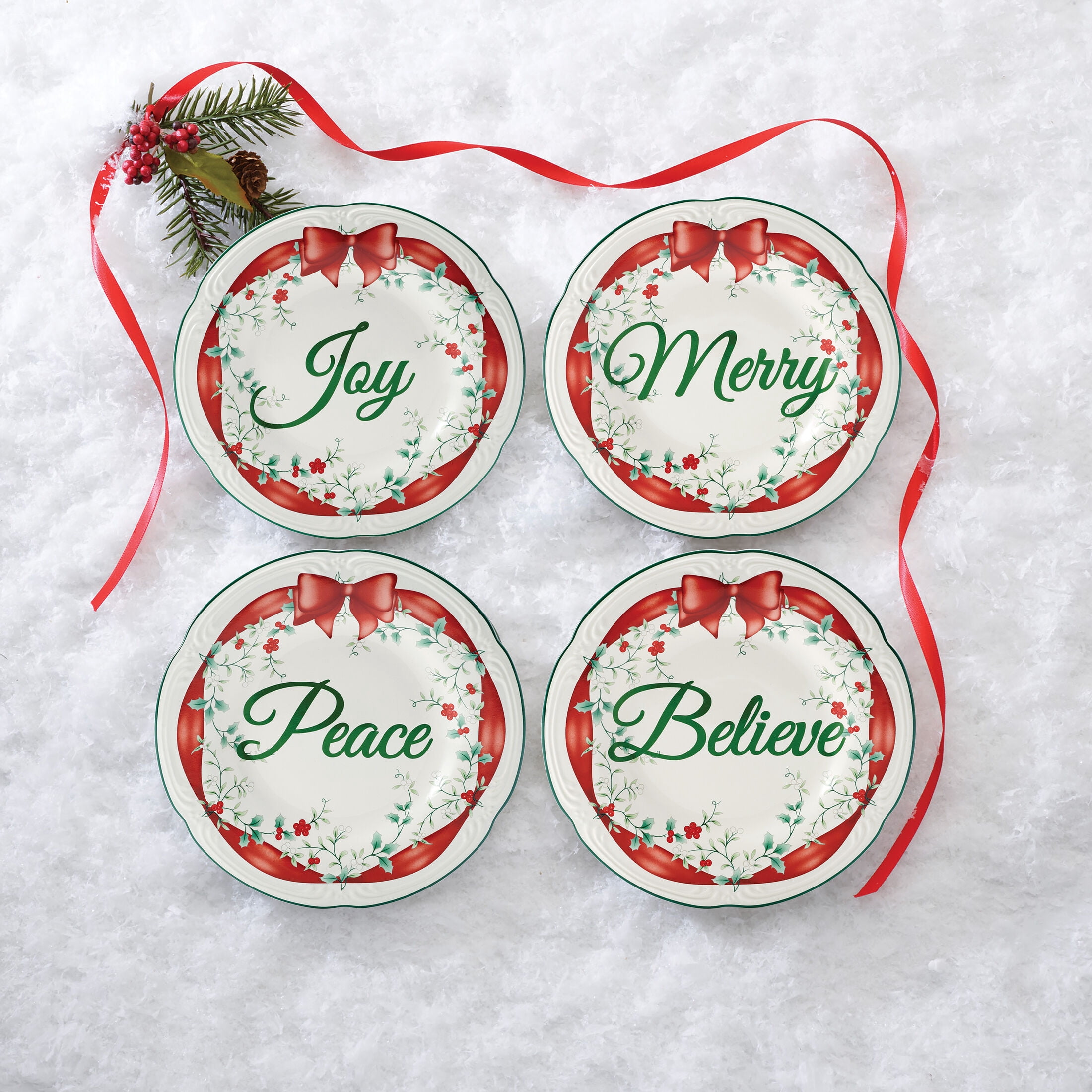 Pfaltzgraff Winterberry Stoneware Salad Plate Red Ribbon Set of 4