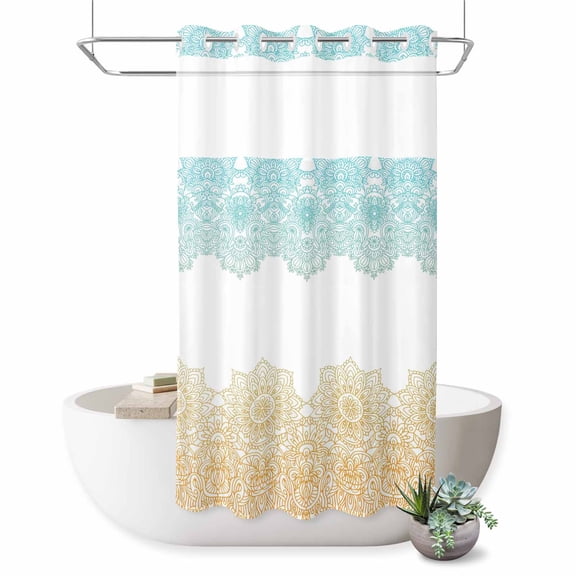 No Hook Shower Curtain with Built-in Rings - Teal Yellow Boho Washable Waterproof Fabric Bathroom Curtains for Hotel,Rentals, Stall 36 X 72 Inch Retro Bohemian Flower