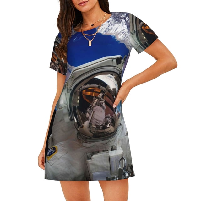 Fotbe Astronaut in Outer Space Bata de Dormir para Mujer con Estampado, Camisón de Algodón de Manga Corta, Ropa de Dormir Casual