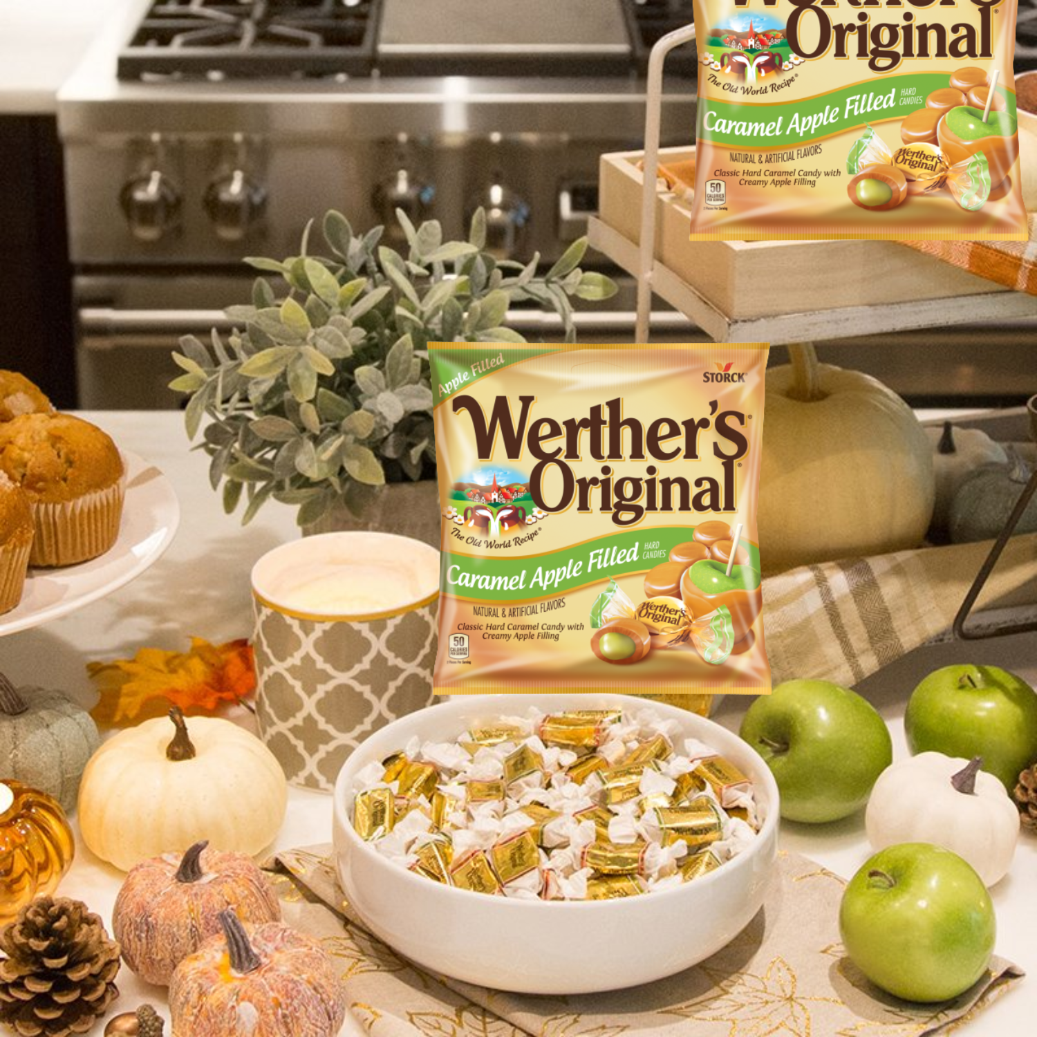 (6) Werther's Original Caramel Apple Filled Candy 2.22oz. Bag Hard Candy Shell with Creamy Filling for Snacks Trick or Treats Goodie Bag Filler Stocking Stuffers Pantry Staple & CUSTOM Storage Carrier