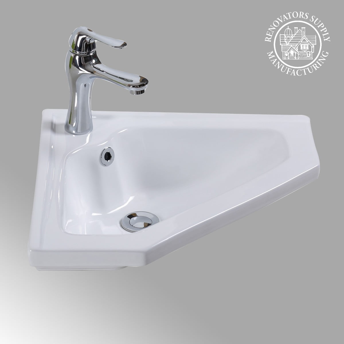 Modern Wall Mount Bathroom Corner Sink Alexander II White Porcelain Sink w/Overflow Renovators Supply