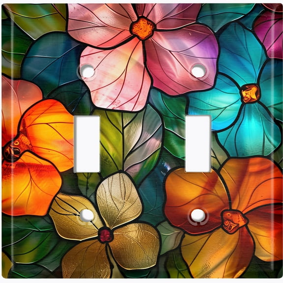 Metal Light Switch Wall Plate Outlet Cover (Printed Image of Colorful Stained Glass Flowers - Double Toggle)