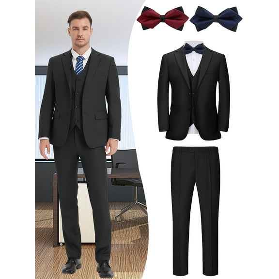 Beauty-Emily Men's 5-Piece Formal Suit Set, Jacket, Vest, Pants, Red Bow Tie, Blue Bow Tie, V-Neck, for Wedding, Business, Party, Banquet, Prom, Formal Events, Graduation