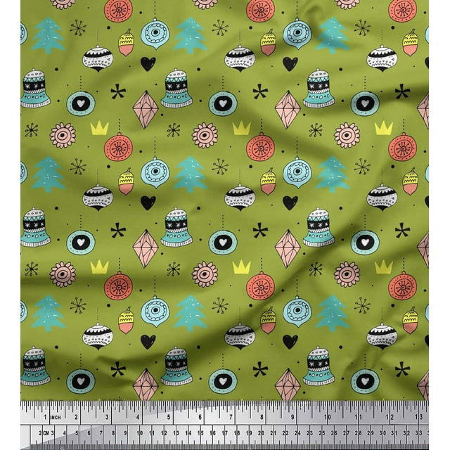 Soimoi Green Modal Satin Fabric Tree & Ornament Christmas Fabric Prints By Yard 42 Inch Wide