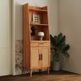thumbnail image 2 of Bookshelf Display Case, Wooden Bookcase with Rattan Door Cabinet, 1 Drawer and Open Storage Shelves, Farmhouse Bookcase Freestanding Floor Cabinet for Living Room Home Office, Oak, 2 of 7