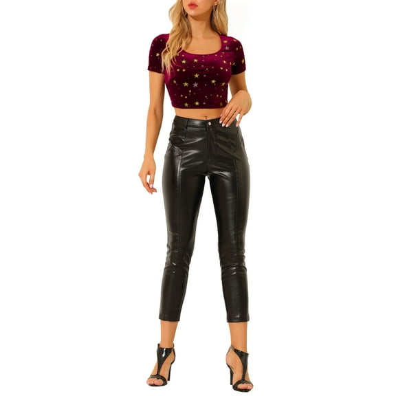 INSPIRE CHIC Women's Casual Short Sleeve Cute Scoop Neck Velvet Fitted Crop Top M Wine Red