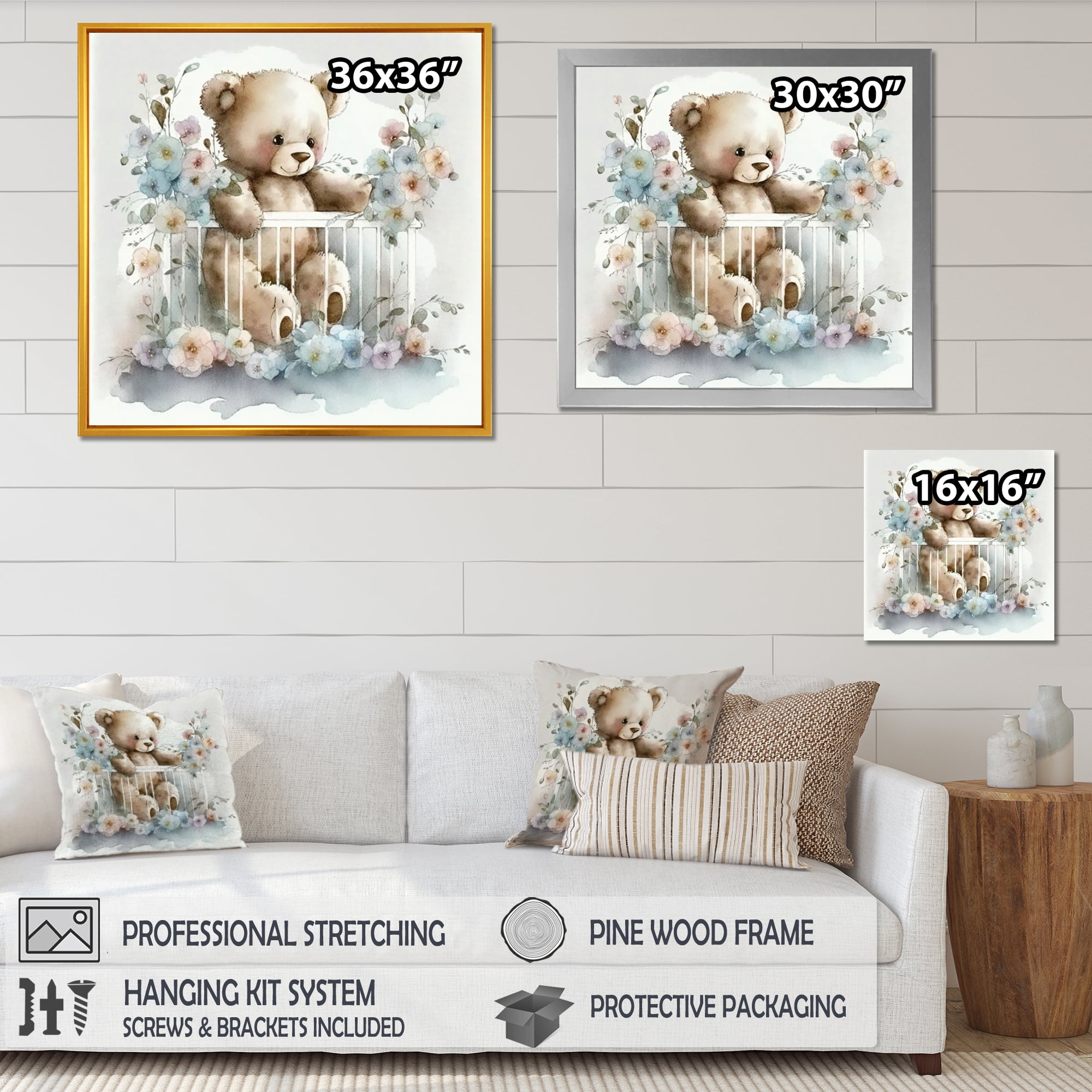 Designart Teddy Bear In Crib With Flowers II Canvas Wall Art