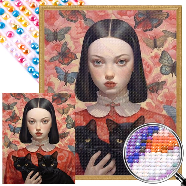 Pintura de diamante 5D Wdftyju DIY taladro redondo completo AB gato niña 45x55cm negro