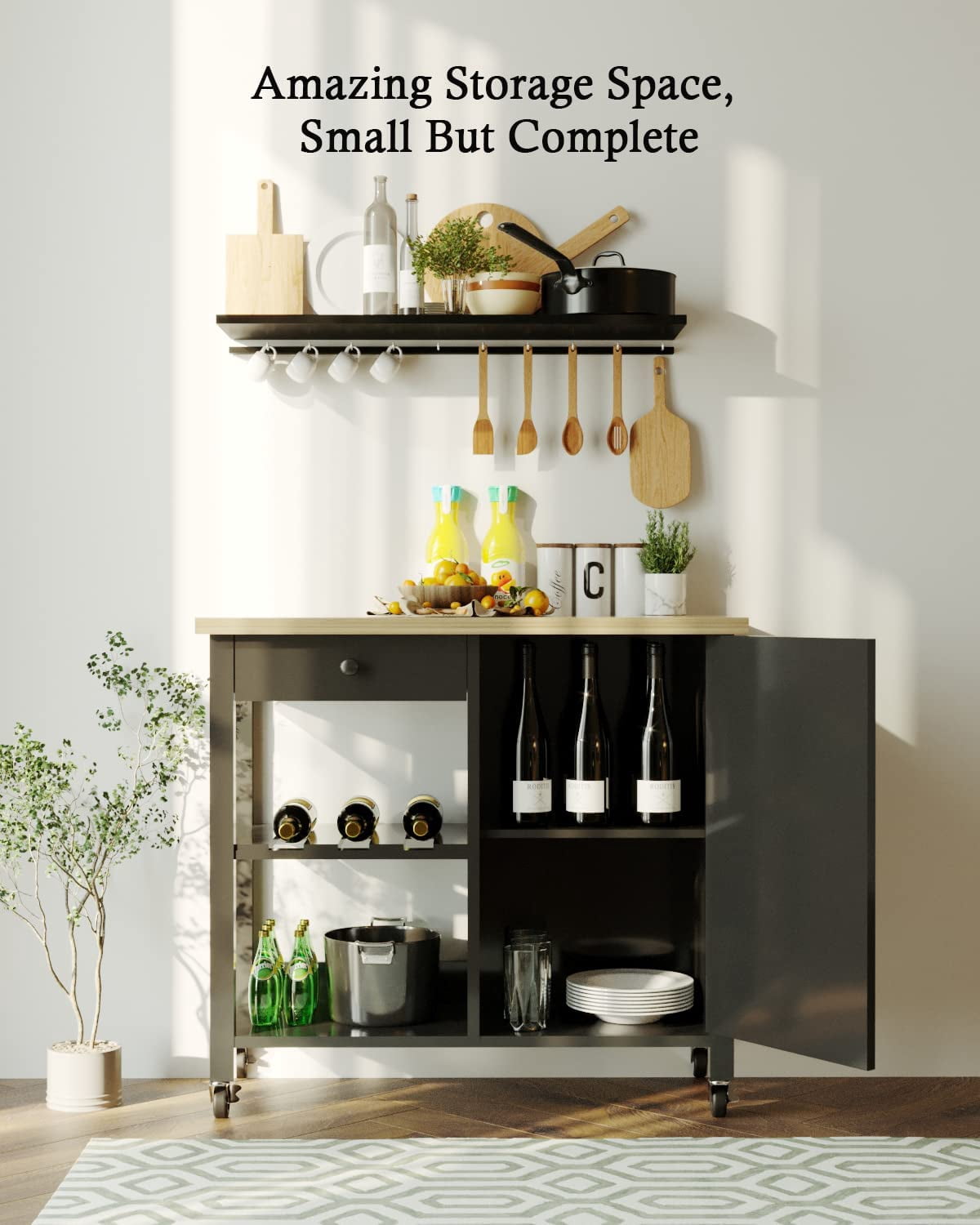 Catrimown Farmhouse Kitchen Cart with Storage, Rolling Kitchen Cart on Wheels, Microwave Stand Coffee Cart, Black
