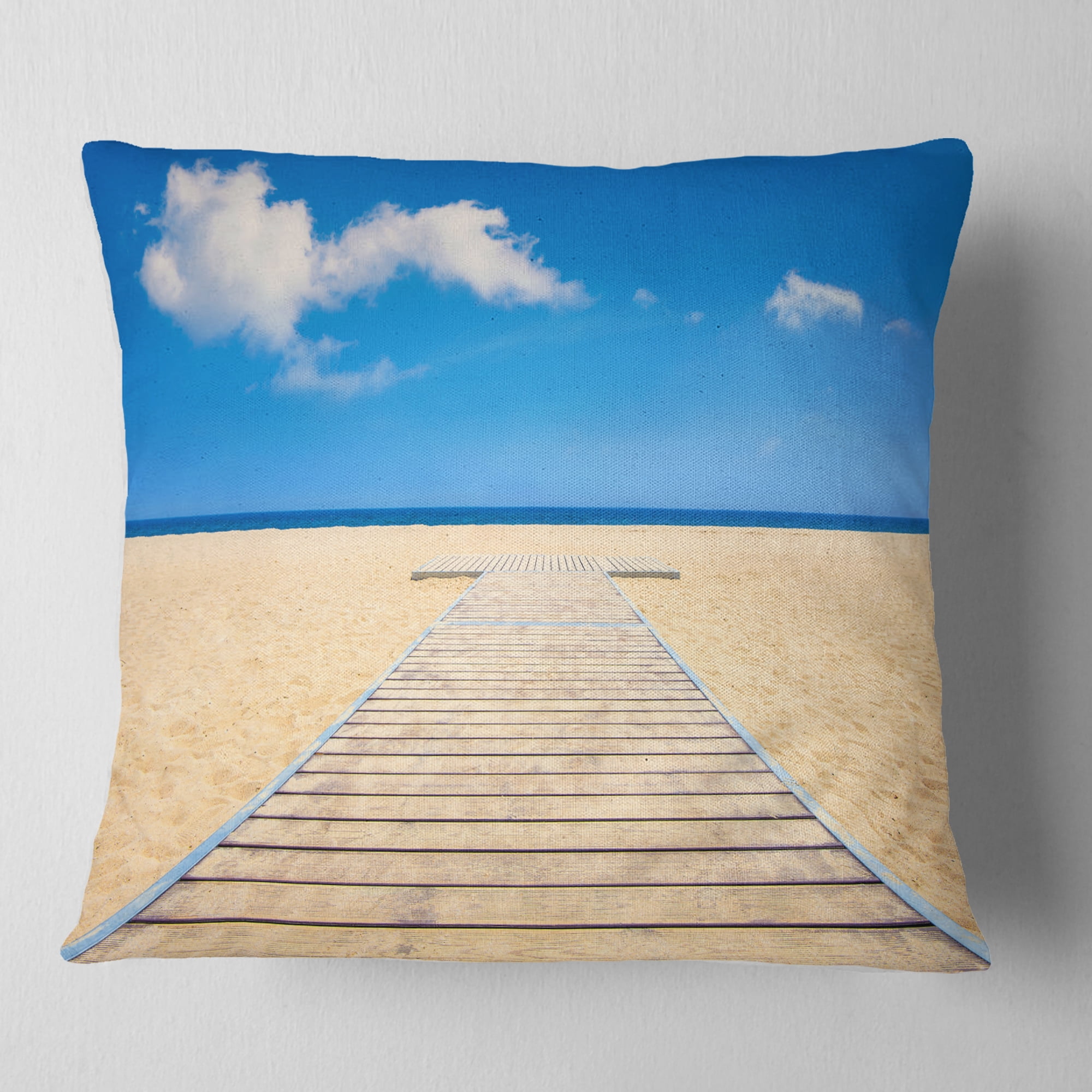 Designart Beach and Sea with Wooden Floor - Blue - Seashore Throw Pillow - 16x16