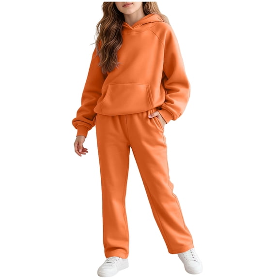 Zanarzt Girls Clothes 2 Piece Kids Sweatsuit 2 Piece Outfits for Girls Athletic Sweatshirt Sweatpants Cozy Fleece Jogger Set Orange,11-12 Years