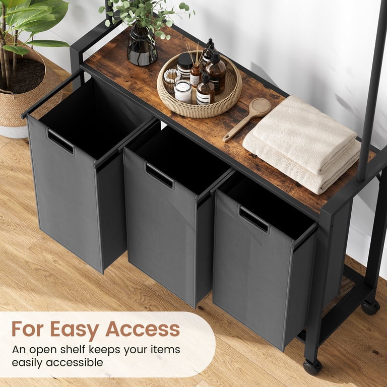 Whoonba 3-Bag Laundry Sorter Hamper - Removable Pull-Out Bags, Wooden Top Shelf, Large Capacity Organizer