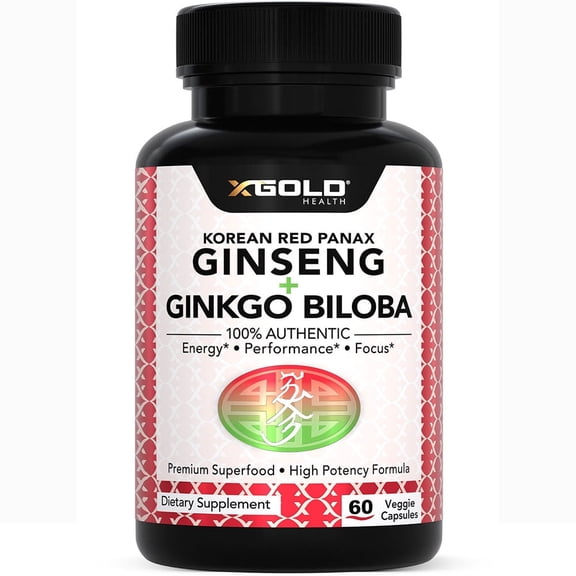 Korean Red Panax Ginseng 1200mg   Ginkgo Biloba - Extra Strength Root Extract Powder Supplement w/High Ginsenosides Vegan Capsules for Energy, Performance & Focus Pills for Men & Women