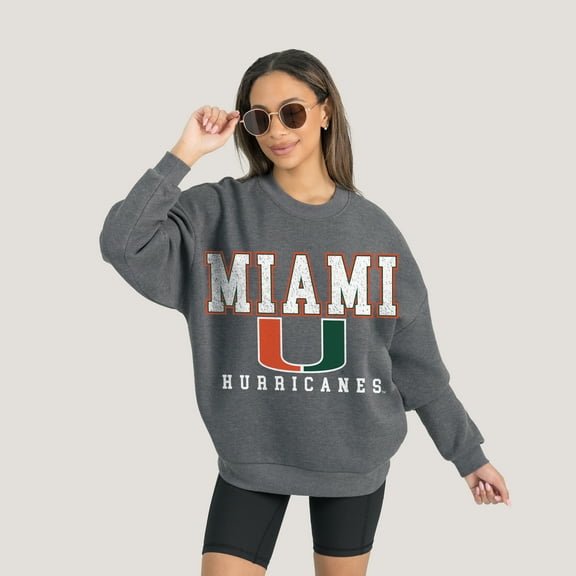 Women's Gameday Couture  Heather Charcoal Miami Hurricanes Oversized Distressed Fleece Pullover Sweatshirt