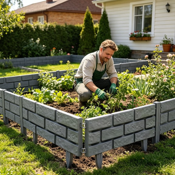 Brick-Effect Interlocking Garden Fence Panels, Weatherproof Plastic Landscape Edging, Decorative Yard Border Barrier for Garden Beds, Walkways & Patio Areas - 17.7" Wide(Grey)