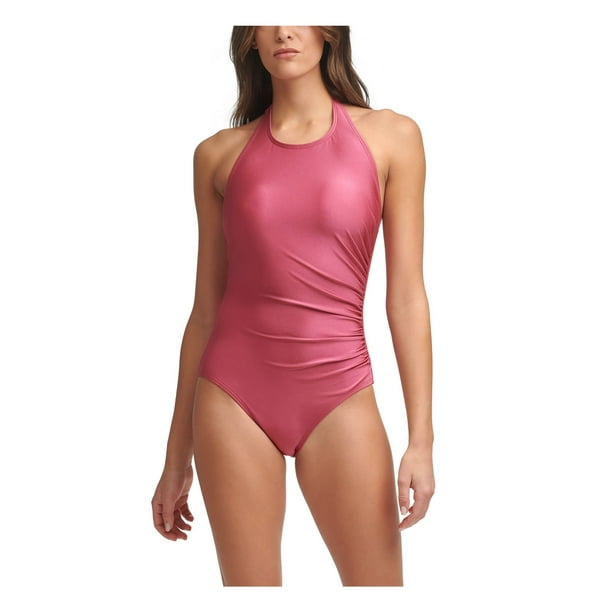 Calvin Klein Women s Pink Stretch Halter Ruched Full Coverage Tie