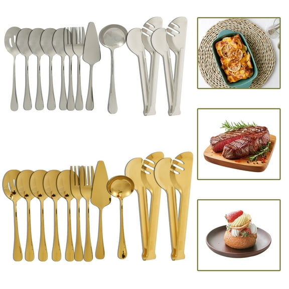 10 Pcs Serving Utensils Set - Stainless Steel Stunning Mirror-Finish,Lightweight,Dishwasher Safe - Includes Slotted Spoons,Forks,Tongs,Ladle and Pie Server for buffet & parties