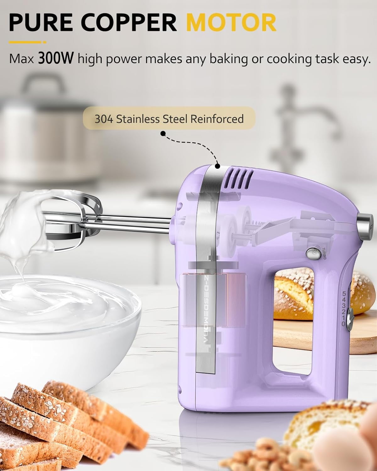 Electric Hand Mixer, Powerful 300W Mixer Handheld with 304 Beaters, Dough Hook,Hand Held Turbo for Baking Cakes, Eggs, Cream Food(Purple)