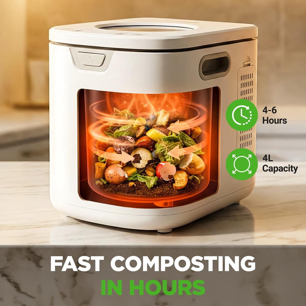 NutriChef 4-Quart Electric Kitchen Composter, Smart Countertop Indoor Compost Bin with 2 Odorless Carbon Filters, 3 Volume Modes, White