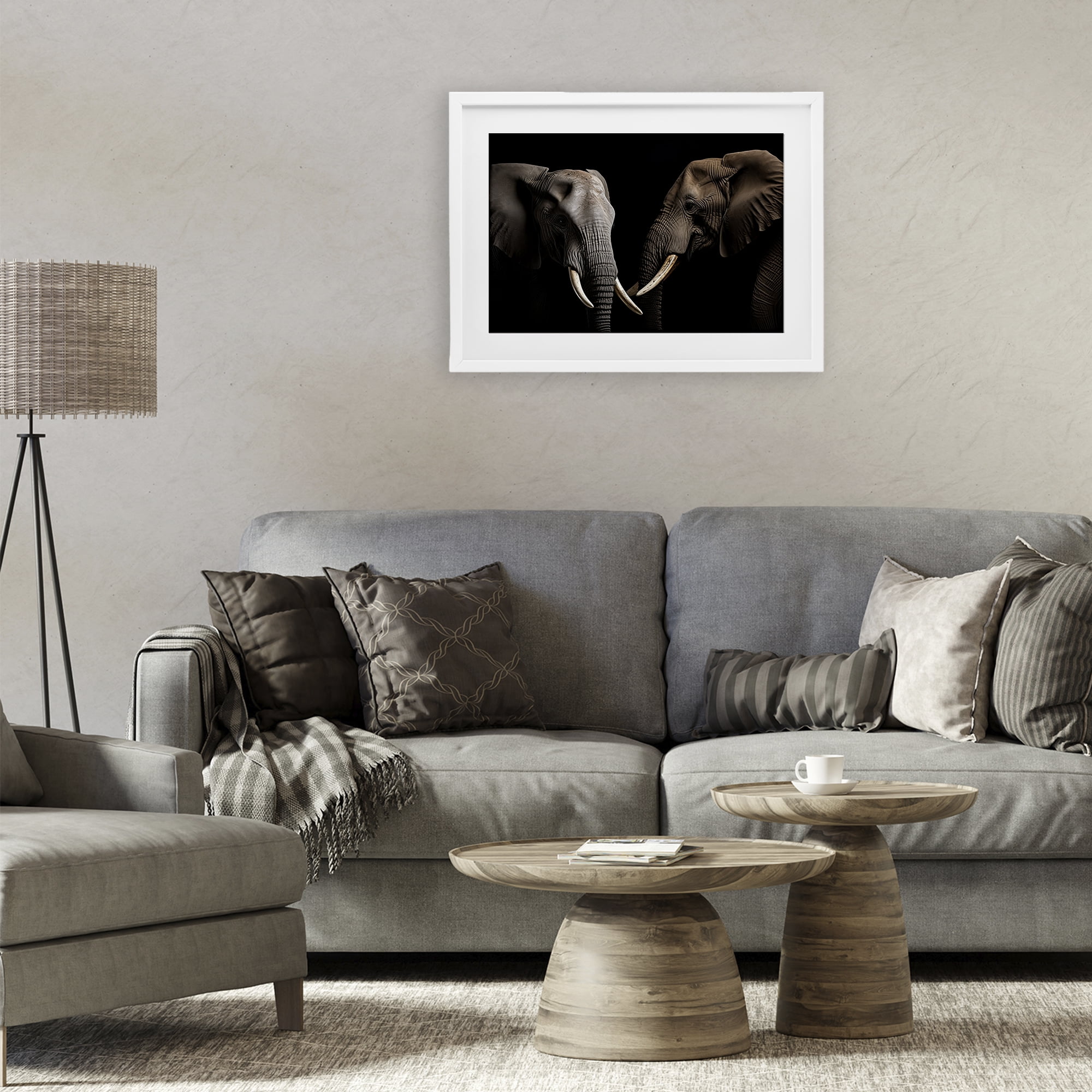 Pachyderm Elephant Pair White Framed Print Under Glass, design by Decent Exposures
