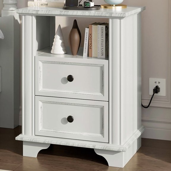 UbesGoo Nightstand Wood End Table with Charing Station and 2 Drawer, White