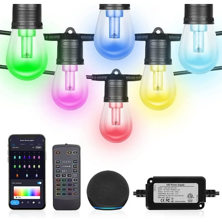 

ZXNYH 50ft Outdoor String Lights Smart RGB Christmas LED Lights Work with Alexa Waterproof Outside Patio String Lights with 15 Dimmable LED Bulbs Color Changing Outdoor Lights with App &