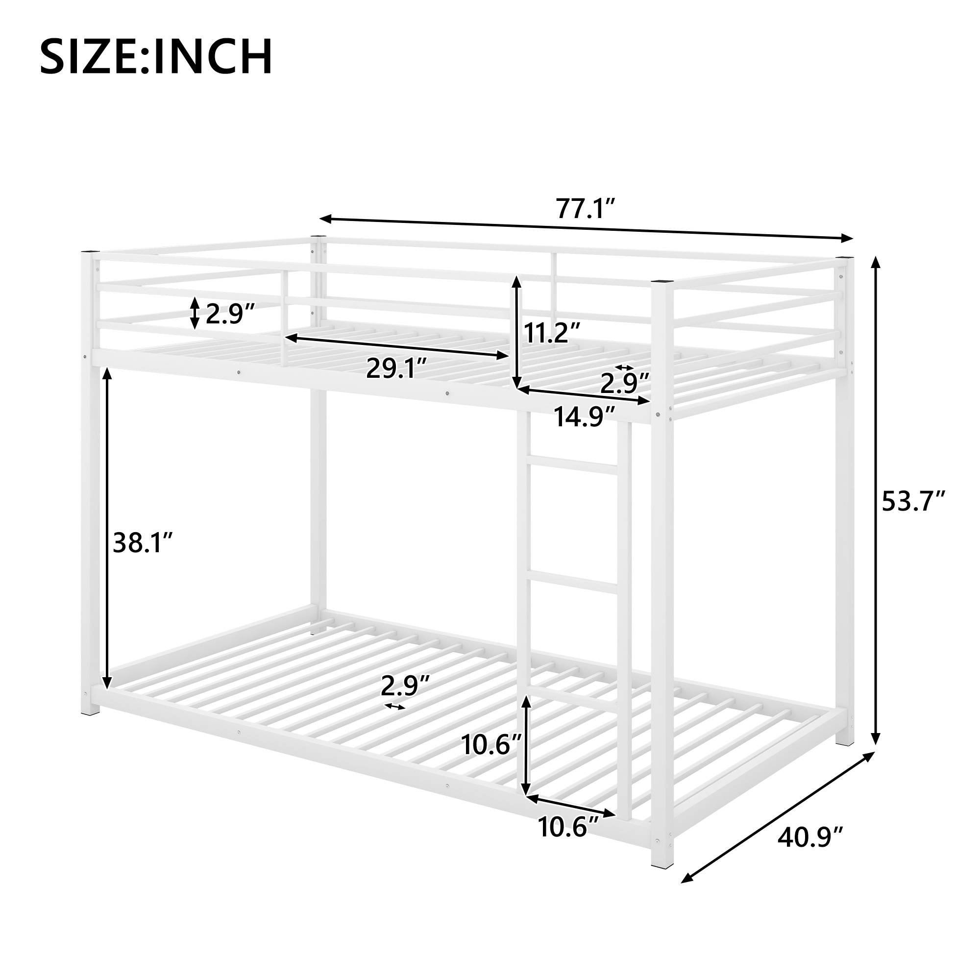 EUROCO Metal Twin over Twin Bunk Bed, Low Profile with Safety Guardrails for Kids Teens Adults, 350lb Capacity Heavy Duty, White