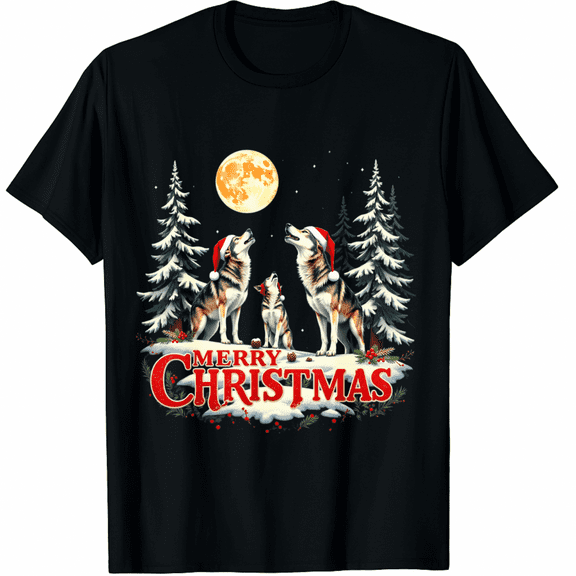 Howling Wolves Merry Christmas Holiday Design T-Shirt for Men Women