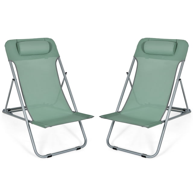 Costway Set of 2 Beach Chair Portable 3-Position Lounge Chair w/ Headrest Green