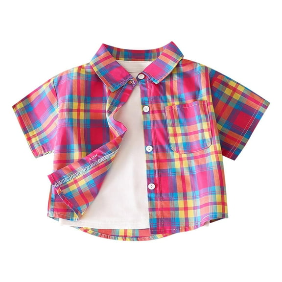 ZACPNCV Toddler Baby Boys Girls Plaid Shirts Baby Short Sleeve Lapel Collar Button Down Shirt Kids Casual Outwear Clothes Hot Pink 9-10 Years