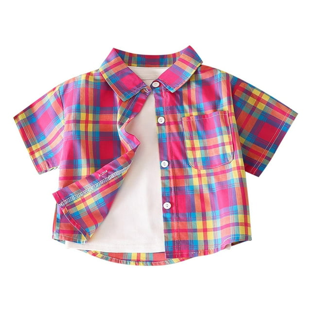 Zpanxa Chemise Boutonnée Garçon Mode Décontractée à Boutons Manches Courtes T-Shirt à Carreaux Col Rabattu Blouse en Coton 2 Ans