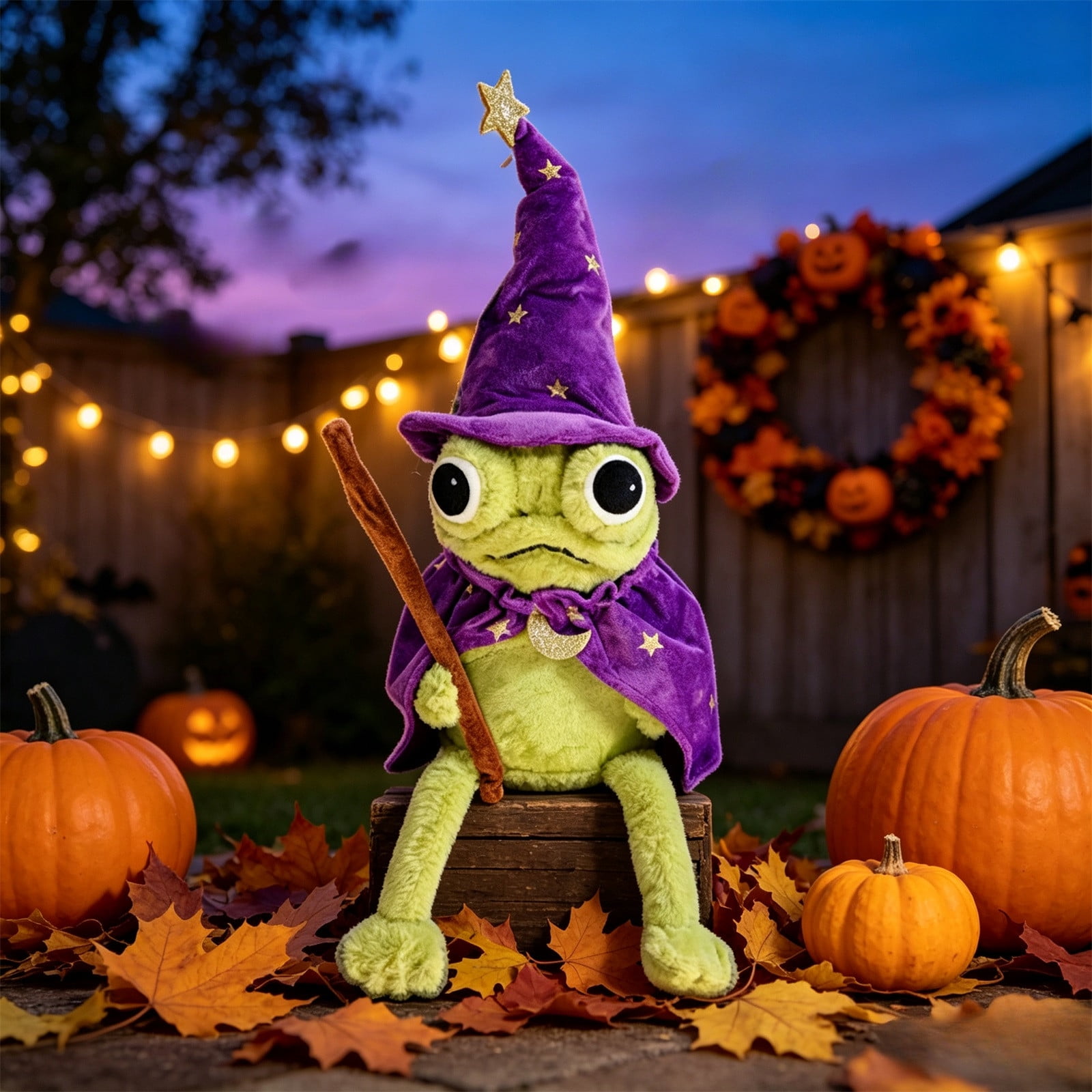 Clearance Halloween Wizard Frog Plush Toys, 12" Cute Purple Hat Frog Witch Stuffer with Cape Pumpkin Bowl, Collectible Plush Decor for Shelf Desk Room, Halloween Birthday Gift for Kiddo Women Men
