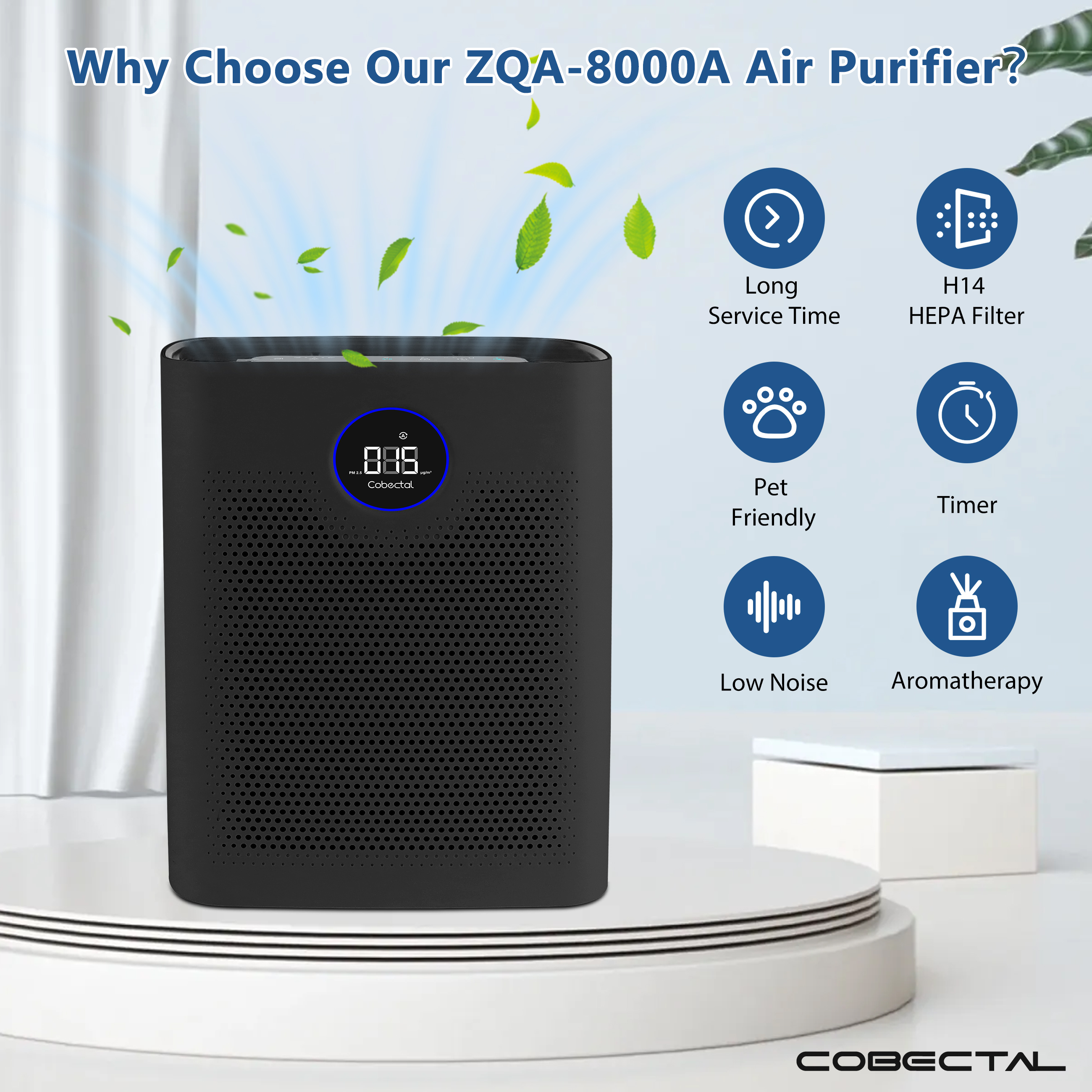 Cobectal H14 Air Purifiers for Home Large Room, HEPA Air Purifier ZQA-8000A Suitable for Bedroom Pet, Black